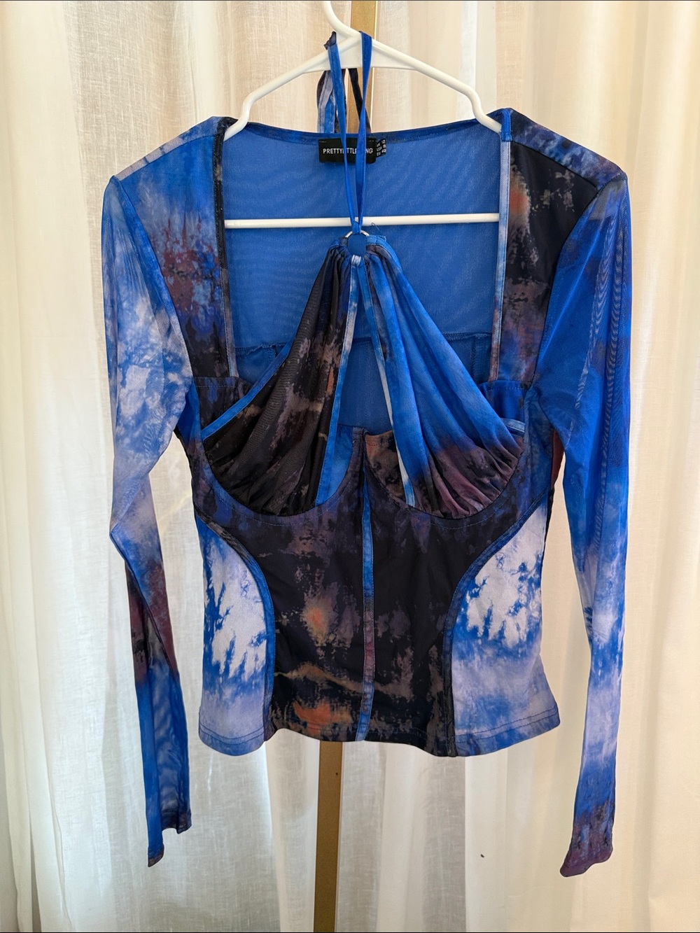 PrettyLittleThing Blue Tie-Dye Sheer Long Sleeve Corset Halter Top